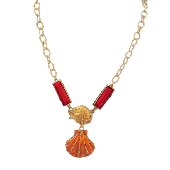 Vintage Gold, Pink, and Red Shell Pendant Necklace - Picture 3 of 6